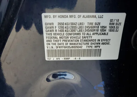 2018 Honda Pilot Ex из США, поврежденный, VIN 5FNYF6H35JB026342